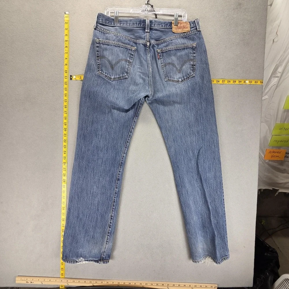 Levis 501 Jeans‎ Mens Blue Medium Wash Straight Button Fly Distressed Fits 34x32